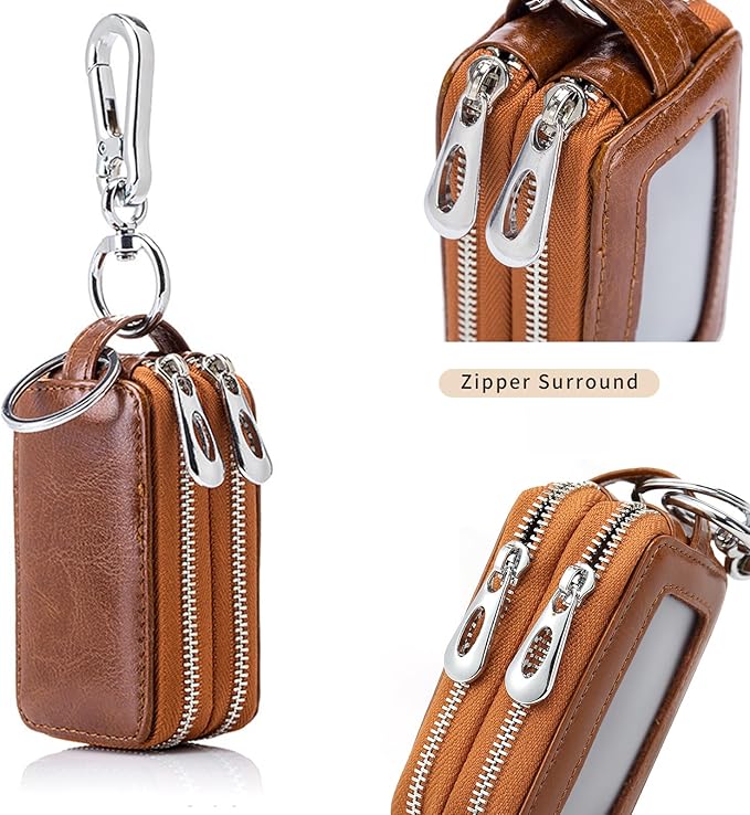 Car Key Chain Bag Double Zipper Leather Protection Key Coin Holder Keyring with Transparent Window