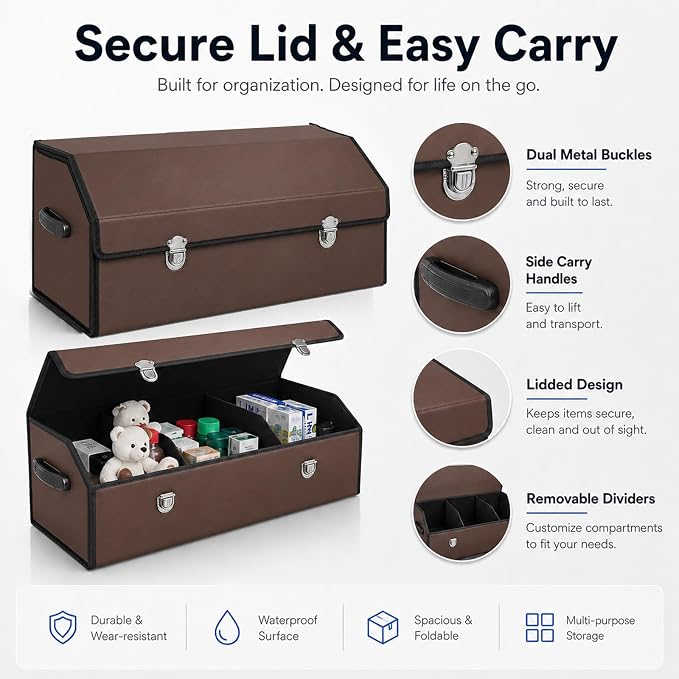Car Trunk Organizer with Lid, Foldable Faux Leather Storage Box | Foldable design, faux leather exterior, 3 compartments