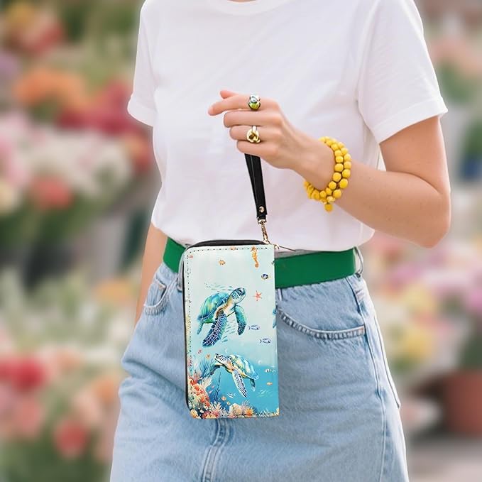 Sea Turtle Wallets for Women - Slim PU Leather Womens Wallet with Cash Zipper Coin Purse, Small Credit Card Holder Travel Wallet, Wristlet Wallets for Ladies Teen Girls Purse (Ocean Lovers Gift)