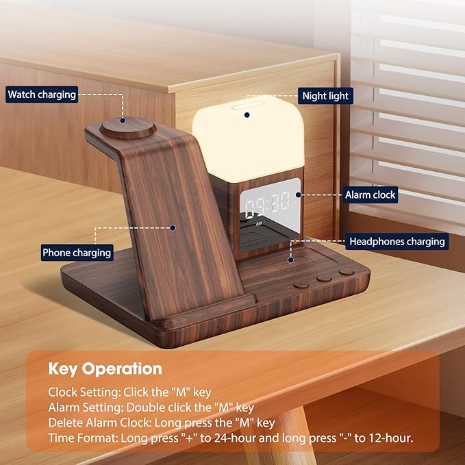 Wireless Charger for Samsung/Android, 6 in 1 Phone Nightstand Charging Station Charger with Alarm Clock/Night Light for Samsung S25/S24/S23 Ultra/Buds3,Watch Charger for Galaxy Watch 8/7/6/5-Wood