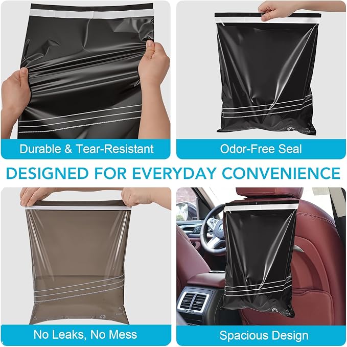Disposable Car Trash Bag - Large Capacity - Car Garbage Bag Hanging from Headrest - Easy to Stick-On, Leakproof, Smellproof Car Trash Can - Ideal for Travel, Camping, and Home Use (All Black, 50)