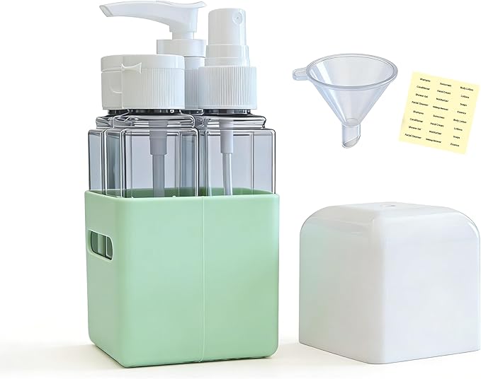 4-in-1 Square Refillable Cosmetic Container Kit, Leak Proof Portable Travel Toiletry Bottles, TSA Approved Travel bottles, Empty Jars for Cosmetics Lotion Shampoo (Light Green)