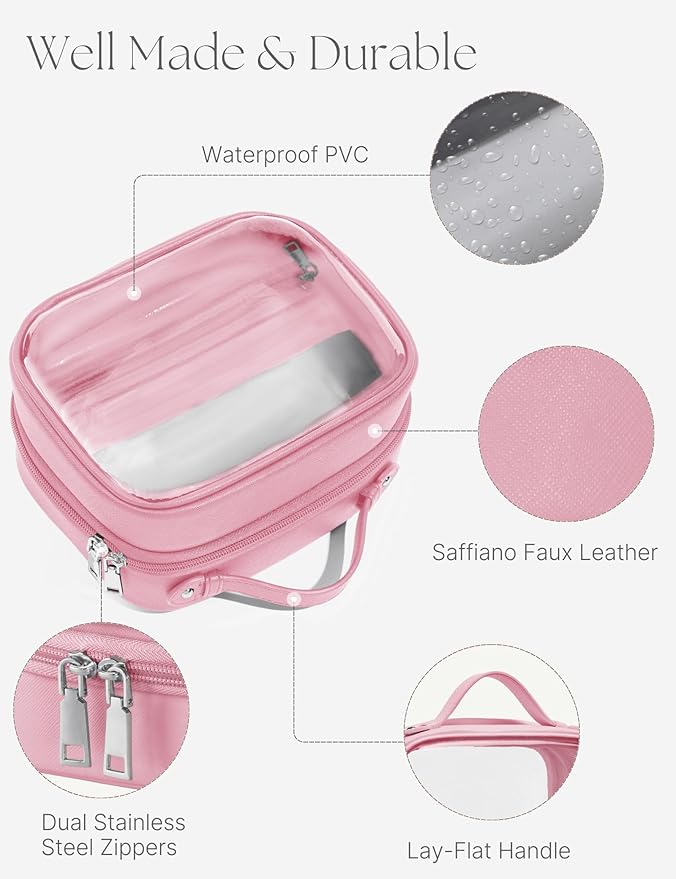 Clear Cosmetic Bag Double Layer Travel Toiletry Bag Clear Makeup Bag Case with 4 Compartments, Transparent Travel Bag for Toiletries, Large Toiletry Bag for Women Cosmetic Case (Pink, Small)