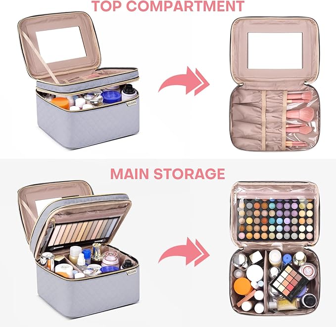 HXLGMD Large Makeup Bag with Mirror Double Layer Travel Make Up Organizer Case, Large Capacity Coemetic with Brush Slot Divider, Travel Toiletry Bag for Women (Grey)
