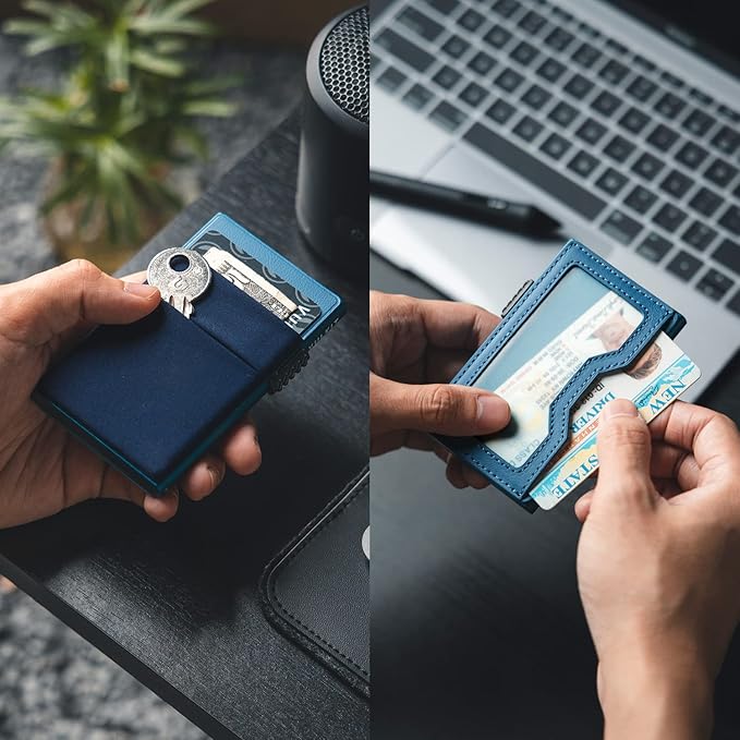 VULKIT Minimalist Wallet with ID Window & EDC Pocket Pop Up Card Holder RFID Blocking Slim Wallet Design for Airtag Cash Coins & Credit Cards
