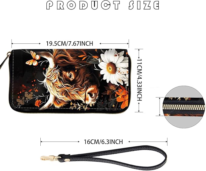 Women's RFID Blocking Zip Around Wallet with Detachable Wrist Strap, Large Capacity Credit Card Holder Organizer for Everyday Use,Highland Cow Flowers Butterfly