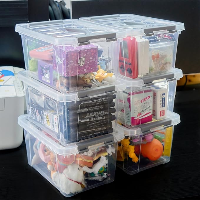 Eslite 6 Quart Plastic Stackable Storage Latch Bins,Clear Latching Box with Handle and Lid,Pack of 6 (Grey Handle)