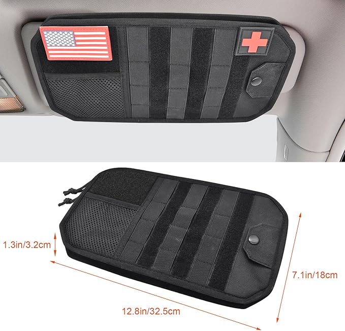 1000D Sun Visor Organizer with Zipper Visor Storage Pouch, Car Sunglasses Holder, Hard Molle Panel for Tactical Gears, Fits Most Car, SUVs, and Trucks