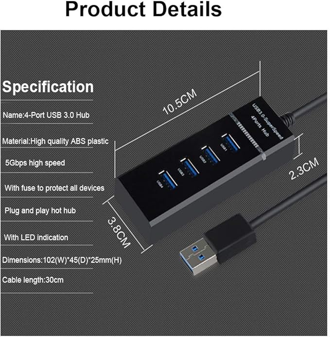 4 Port USB Hub High Speed USB 3.0: 5Gbps Data Hub