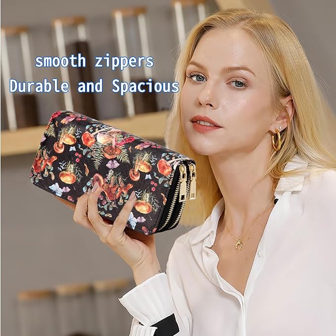 Mushroom Wallet for Women Ladies Purse Large Extra Capacity Zip Around Wallets (Mushroom print)