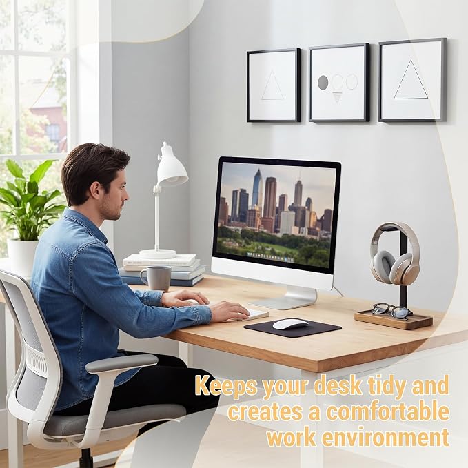 Wood Headphone Stand, Walnut Headset Stand for Desk, Universal Headphone Holder with Storage Base for Gaming, Music Headsets(Light Brown)