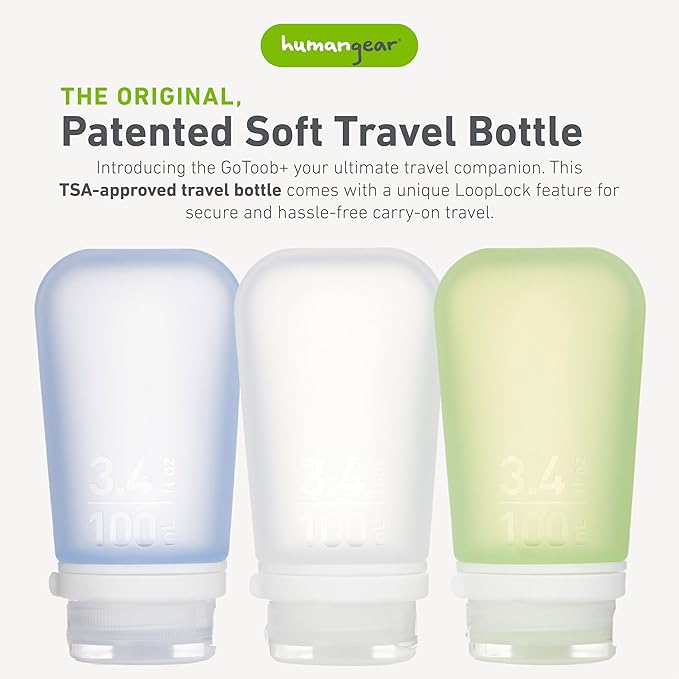 humangear GoToob+ Bottles - Silicone Leak-Proof Travel Tubes for Toiletries, Camping & TSA Carry-On (3-Pack), Large (3.4 fl oz; 100ml), Clear/Green/Blue