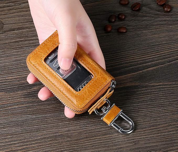 BAKUN Premium Mini Leather Car Key Case, Car Smart Key Chain Holder Wallet Zipper Bag for Remote Key Fob