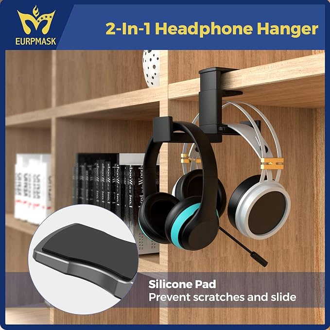 Dual Headphone Stand Holder - EURPMASK 2 in 1 PC Gaming Headset Hooks, 360 Degree Rotating Headphone Hanger with Adjustable Clamp & Cable Clip Organizer, Headset Mount Under Desk Earphone Clamp-Black