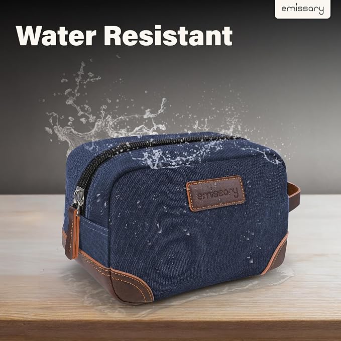 emissary Men's Toiletry Bag, Leather and Canvas Travel Toiletry Bag, Dopp Kit for Men, Travel Bathroom Bag Men's Shaving Kit, Travel Kit Small Bags for Men, Shaving Bag for Travel Accessories (Blue) | Durable canvas & PU leather, water-resistant lining...