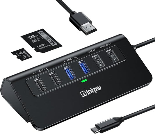 USB C Hub, intpw 9-in-1 USB Multiport Adapter with 4K HDMI, PD 100W, USB-C and 2 USB A 3.0 5Gbps, 2 USB A 2.0, SD/TF Slots for MacBook Pro/Air, iPad Pro, iPhone 15/16 Series
