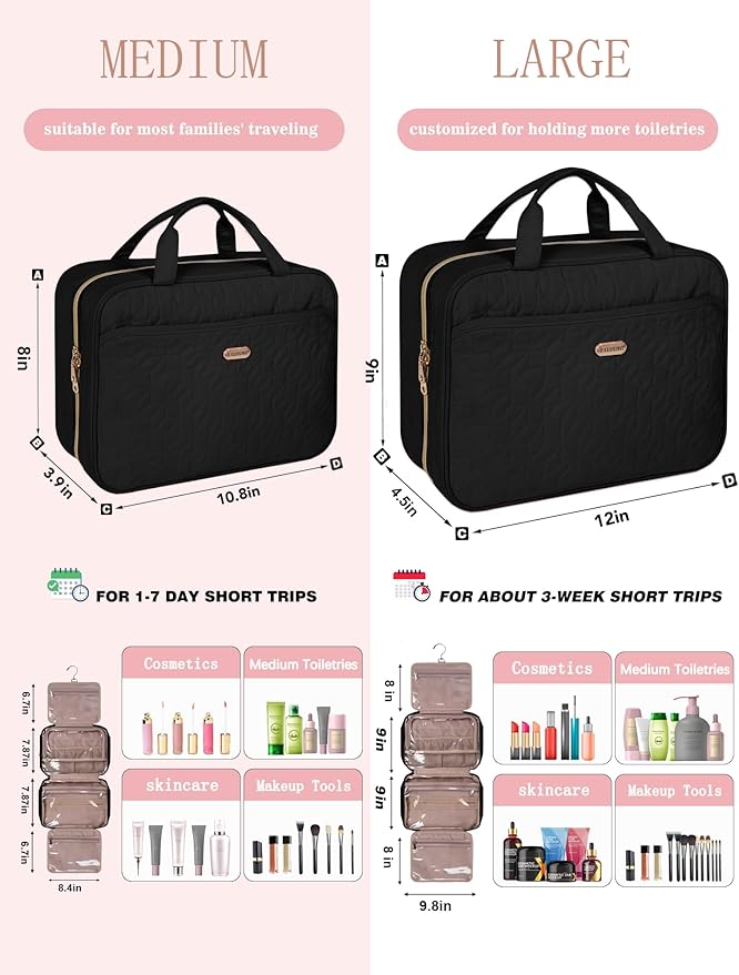 BALULHG Black Toiletry Bag, Makeup Organizer, Travel Bag For Women Mens Toiletries, Waterproof with Hanging Hook, Large Capacity