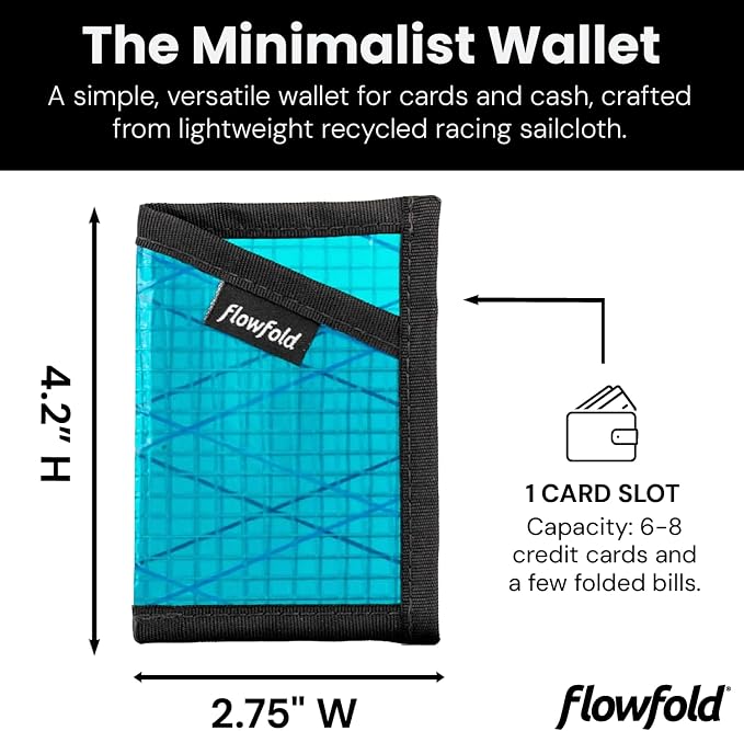 Flowfold Recycled Sailcloth Minimalist Card Holder Wallet | Slim and Durable with Cash pocket and Credit Card Slot | Minimalist Wallet Made in USA Holds 6-8 Cards