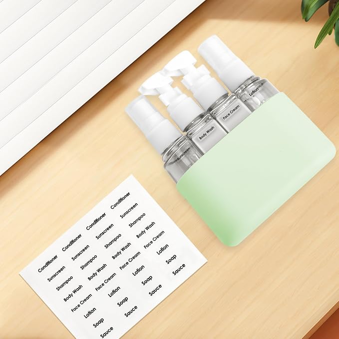 Skycase Travel Bottles - Leak Proof Refillable Tsa Approved Travel Size Toiletries, 4 in 1 Liquid Bottles Containers with Labels and Funnel Airplane Accessories Kits for Lotion Liquid (Green)