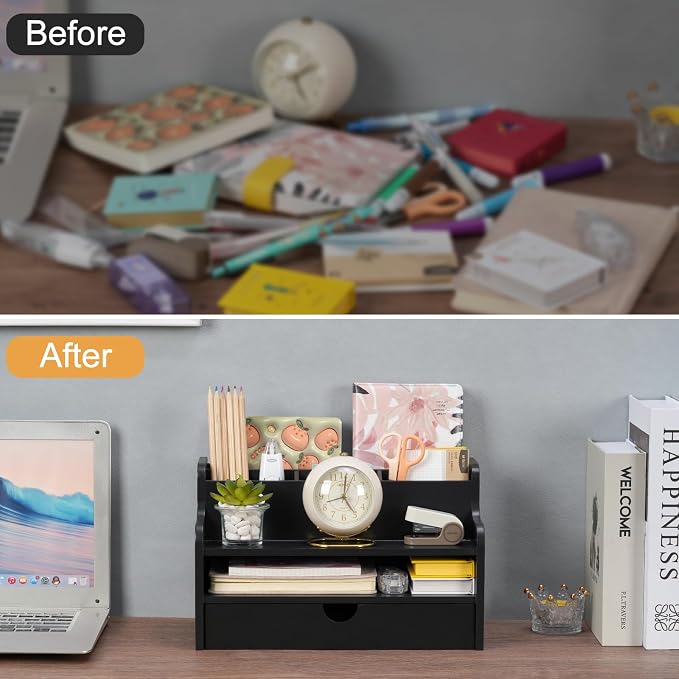 Mail Organizer Countertop, 4 Slots Desk Organizer with Drawer and Shelf, Wooden Mail Sorter for Desk, Desktop File Holders for Storage Pens, Envelopes and Bills