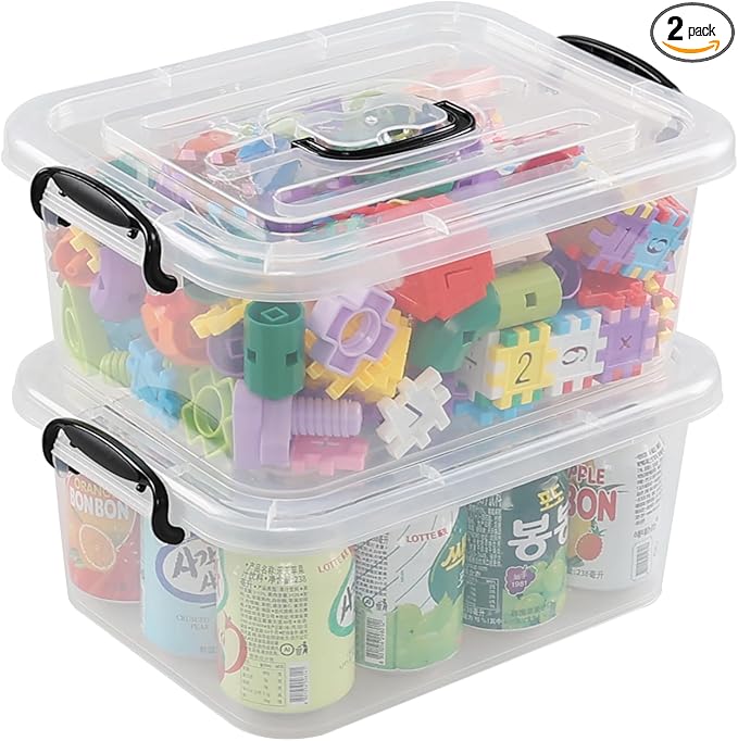 Quickquick 8 L Plastic Latching Box with Handle, Storage Latch Bins with Handles, Clear, 2 Packs