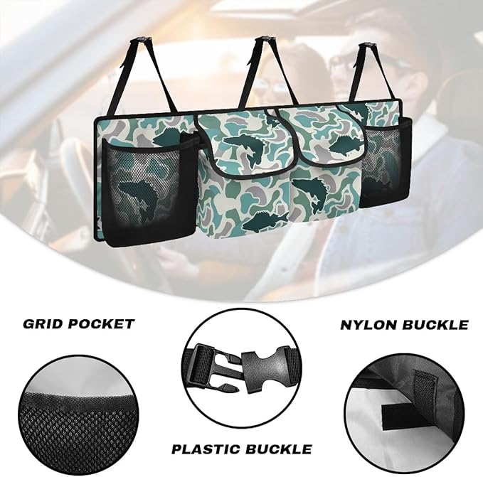 Fish Green Camo Trunk Storage Organizer Waterproof Collapsible Car Storage Bag with 4 Pockets Space Saving Car Trunk Storage Organizer with Lid for Cars Sedans SUVs