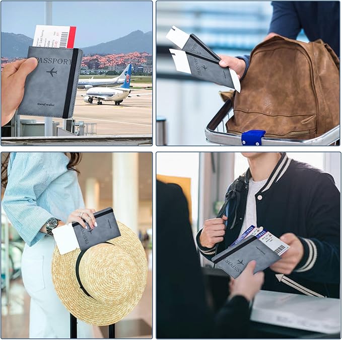 Passport Holder, Passport Cover with Credit Card Slot and Boarding Pass Slot Combo, Passport Wallet Case Book Travel Must Have, RFID Blocking Leather Travel Accessories, Marine Grey