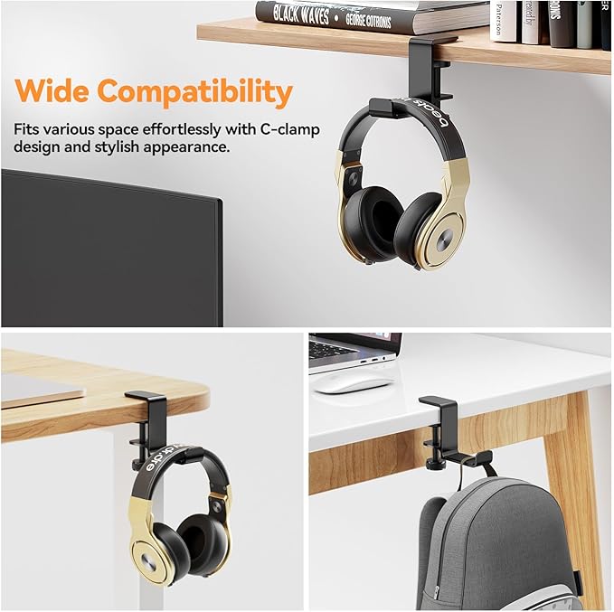 Headphone Hanger Holder Stand-Under Desk Headphone Hanger， Headset Hook Holder Space-Saving Aluminum Stand with Universal Fit for Gaming PC Accessories (Black-1PCS)