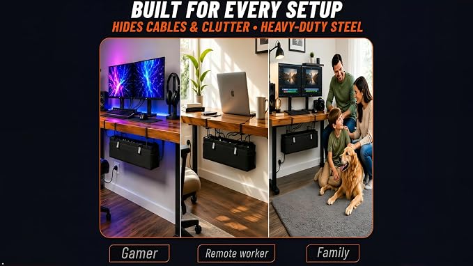 Under Desk Cable Management Tray, 28", Black Standing Under Cable | No Drill, Fabric Cord Organizer with Reinforced Base, Clamp Mount Wire Management, For Office/Home & Standing Desk