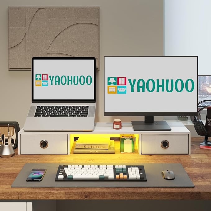 YAOHUOO Dual Monitor Stand with LED Light 2 Drawers, Computer Monitor Riser for 2 Monitors, Large Desktop Organzier with Storage for PC/Laptop/Computer/TV Screen/Printer