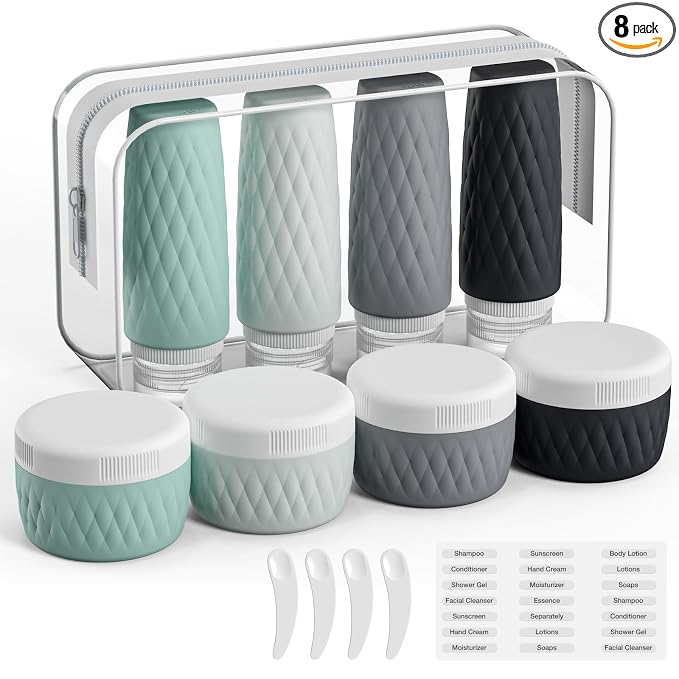 kuangre 8 Pack Travel Bottles for Toiletries - 3 OZ / 90 ML, | Leak Proof Silicone Containers with Clear Bag, Travel Size Toiletries for Lotions, Creams, Foundation, Shampoo, body wash and More |