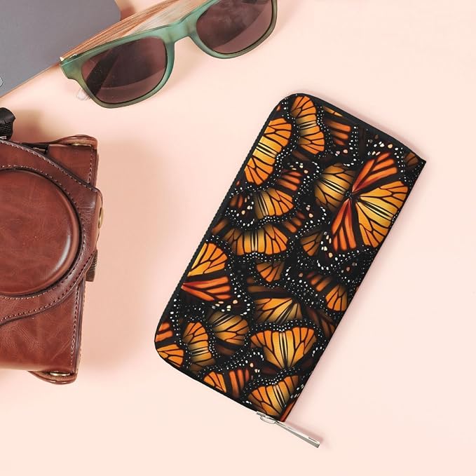 Orange Monarch Butterflies Wallet for Men Women Elegant Long Clutch Zip Around Travel Leather Coin Purse Large Capacity Credit Card Holder Handbag