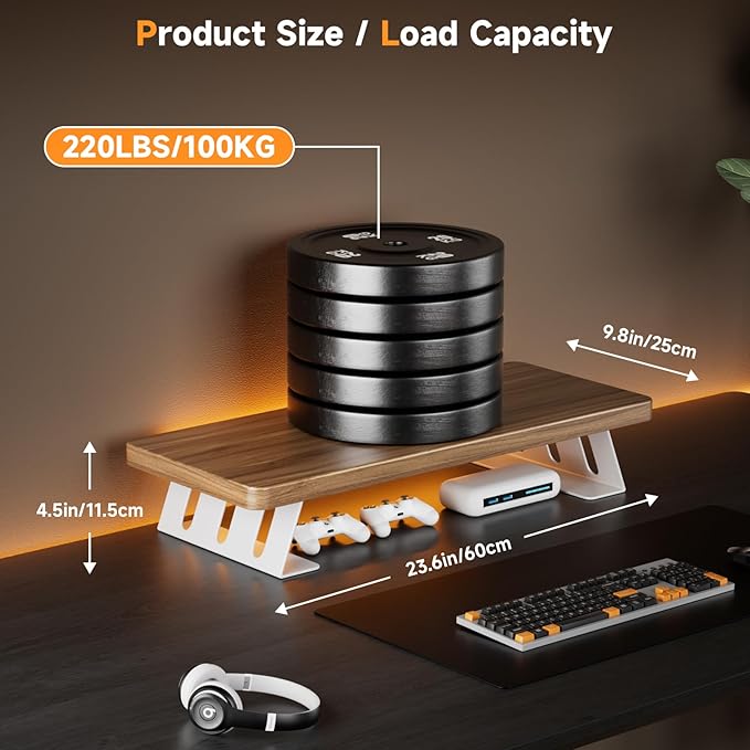 Monitor Stand - 24 Inch Wood Monitor Stand Riser, 220 Pounds Load Capacity Desk Monitor Riser for Laptop/PC/Printer, Desktop Stands Organizer for Home Office