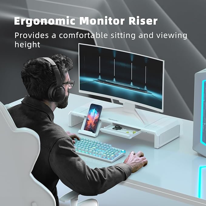Heymaster Monitor Stand Riser, Foldable Computer Monitor Riser, Adjustable Length Computer Stand, Desk Shelf Riser with Storage Drawer &Tablet Phone Stand for Desktop, Laptop