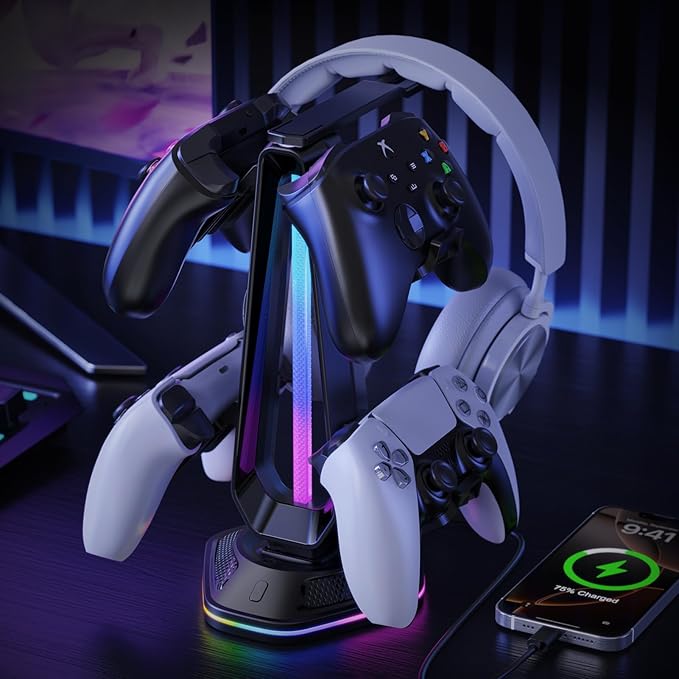 Gaming Headphones Stand with 12 Light Modes - Controller Holder for Desk, RGB Gaming Headset Stand with 2 USB Charging Ports - Supports Data Transfer, Earphone Hanger Accessories for Desktop Gamer