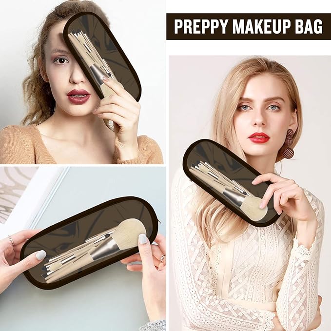 Nylon Small Clear Makeup Bag Slim Pencil Pouch, Cute Pencil Case Black Makeup Bag Preppy Cosmetic Zipper Pouch for Purse, Waterproof Travel Toiletry Bag Coin Pouch Make Up Organizer for Women(Brown)
