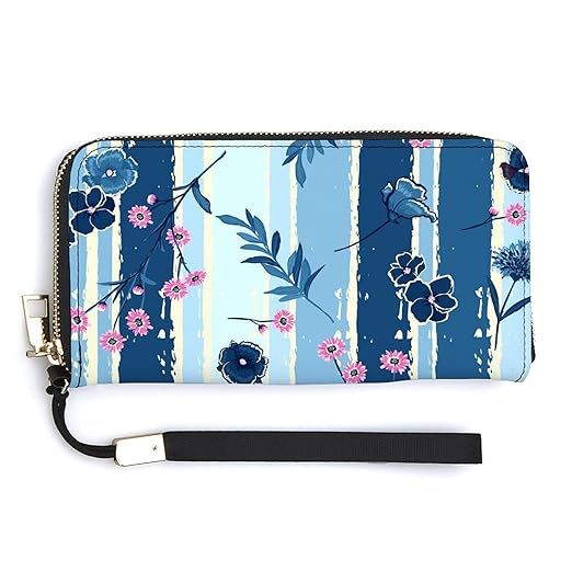 Clutch Wallet Holder for Women Men Wild Flowers Blue Brush Stripe Portable Accordion Zipper Credit Card Storage Bag Waterproof Purse Leather Wallet for Travel Work Shopping
