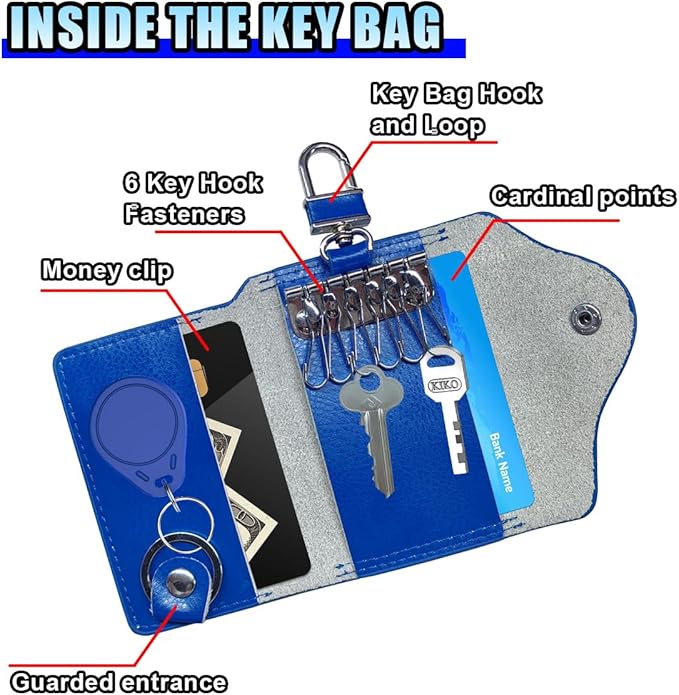 Leather Car Key Case Holder, Remote Key Fob Case with Keychain & Snap Closure – Universal Smart Keys Pouch for Men Women, Coin Holder Protection Bag with Metal Hook (Blue)