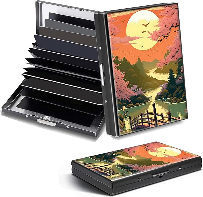 Credit Card Holder, Japanese Cherry Blossom Design Mini RFID Blocking Aluminum Wallet Slim Metal Hard Case Shell Travel Wallet ID Case Small Credit Cards Case Business Cards for Women Men