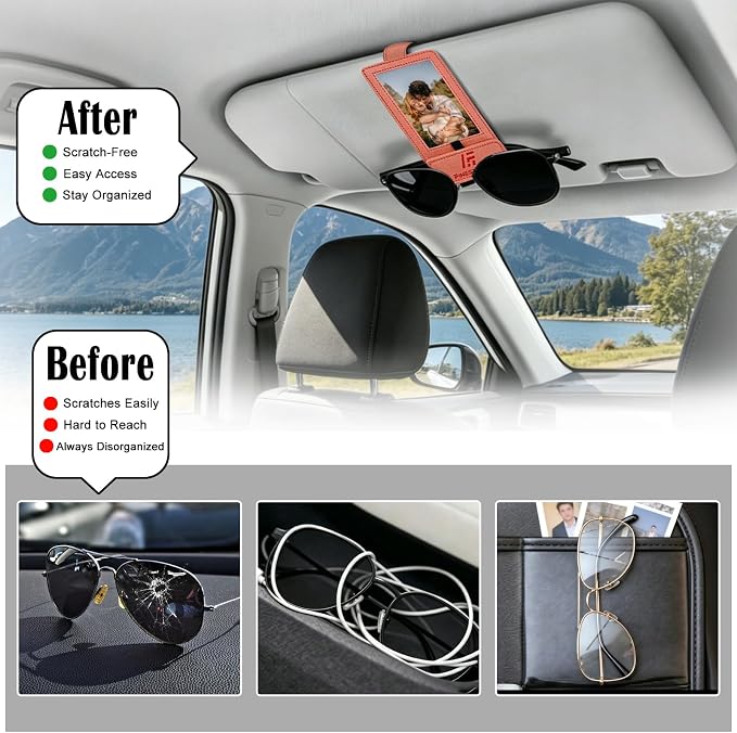 Magnetic 2-in-1 Sunglass & Photo Holder for Car Visor, Leather Anti-Slip No-Fall No-Slide, Fits SUV Truck RV
