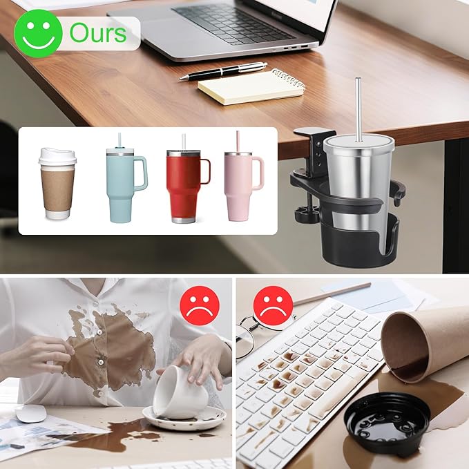 MYITYARD Desk Cup Holder Clamp, Anti-Spill Clip On Table Cup Holder, Rotatable Water Bottle Stand Drink Coffee Mug Storage, Office Accessories for Home and School (Black)