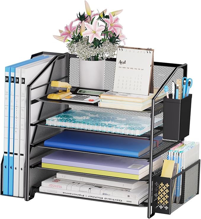 Simple Trending Desk Organizers and Accessories, 5-Tier Desk File Organizer, Paper Letter Tray Organizer with File Holder and Pen Container, Black