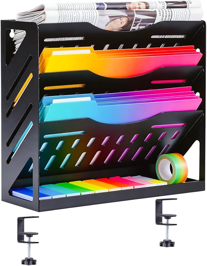 Yuxh Clamp on Desk File Organizer 4-Tier Wall Mail Holder Metal Hanging Paper Rack Black Office Bills Storage with Bottom Tray, Clip on Table Shelf 13" Wall Mount Stand, Stable without Shaking