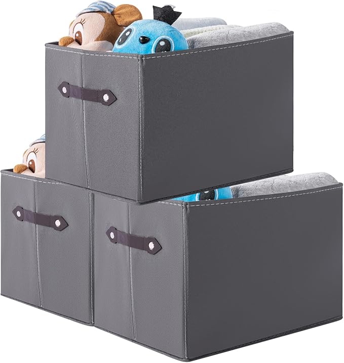 3 Pack Large Collapsible Storage Baskets for Shelves,14.9"x9.5" Fabric Closet storage Boxes with Leather Handles,Decorative Organizers Storage Bins for Clothes,Sheets,Toys,Books,(Gray)