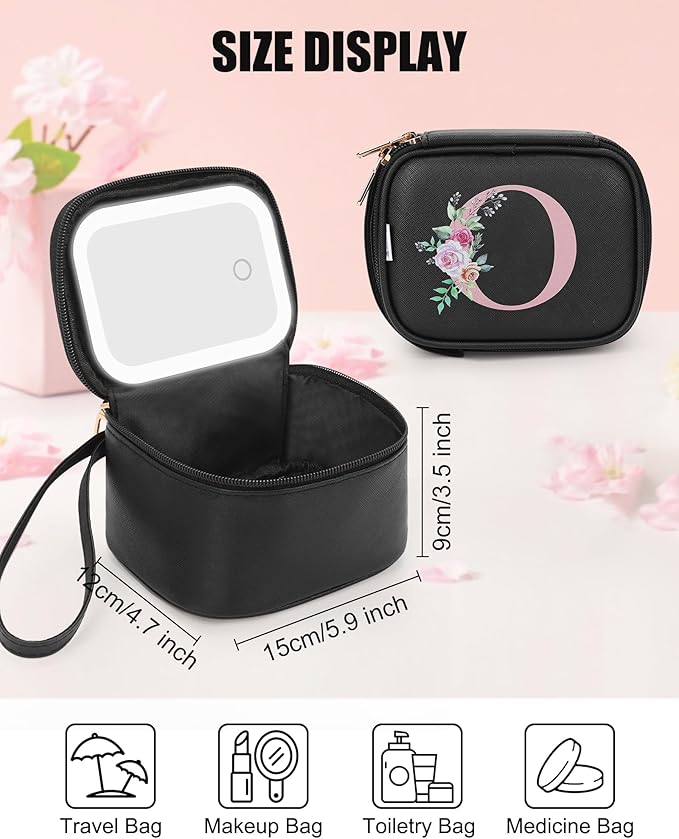 Relavel Initial Makeup Bag with Led Mirror, Mini Make Up Bag for Women Girls, Personalized Cosmetic Bag with Adjustable Brightness, Rechargeable Make Up Bags Pouch for Birthday Gifts - Black O