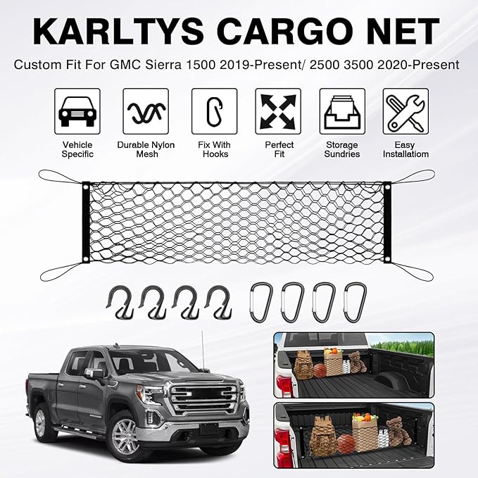 Karltys Truck Bed Cargo Net for 2019-2025 2026 GMC Sierra/Chevy Silverado 1500 2500HD 3500HD, Envelope Style Elastic Pickup Truck Bed Cargo Net Silverado Trunk Net Accessories with Hooks