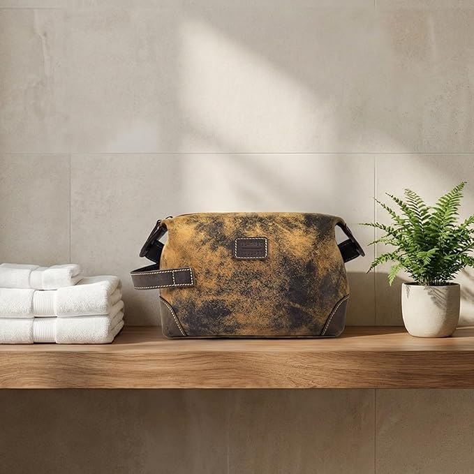 LEATHER VILLAGE Genuine Leather Dopp Kit for Men & Women – Travel Vintage Toiletry Bag with Waterproof Lining, Shaving & Bathroom Essentials Organizer - Distressed Brown