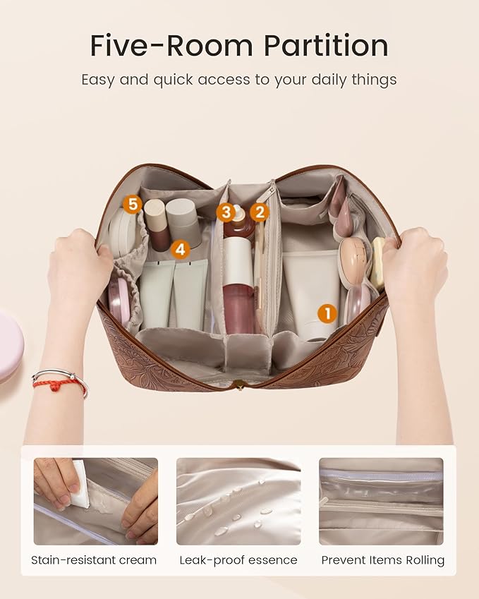 LOVEVOOK Travel Makeup Bag for Women, 2Pcs Large Capacity Cosmetic Organizer Bag, Waterproof PU Leather, Flat Open Portable Small Toiletry Pouch for Skincare, Brushes & Travel Essentials
