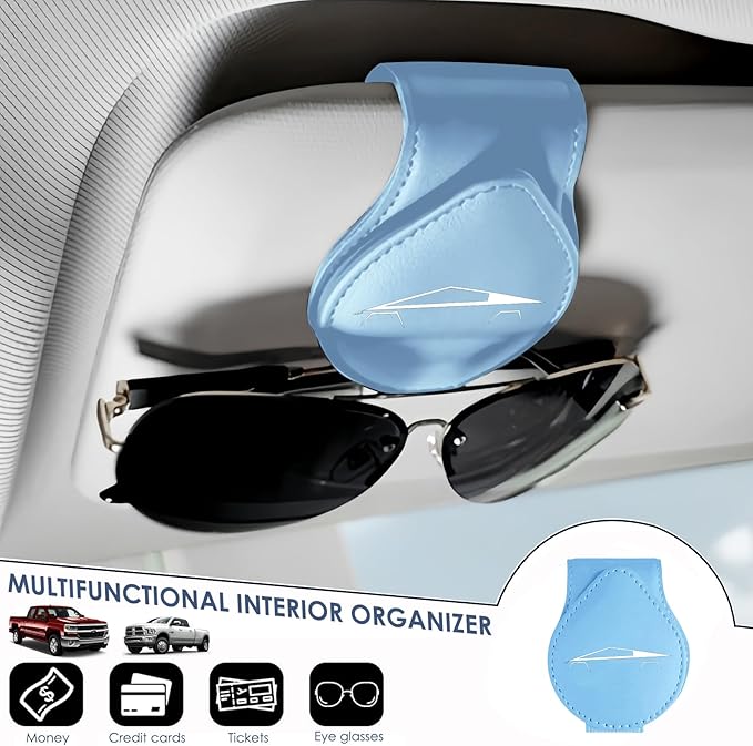 Car Sunglass Holder Compatible with Tesla Cybertruck 2025 2024 Cyberbeast Interior Accessories Organizer Leather Eyeglass Hanger Visor Ticket Card Clip Magnetic Cyber Truck Sunglasses Holders (Blue)