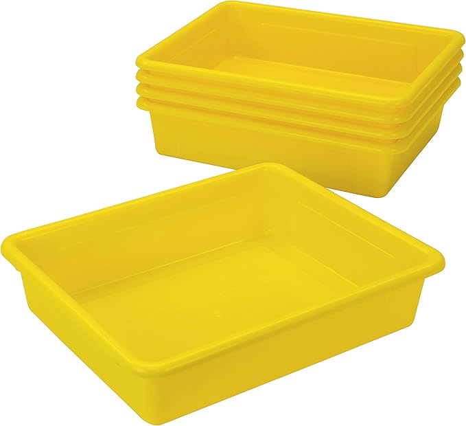 Storex Letter Size Flat Storage Tray – Organizer Bin with Non-Snap Lid for Classroom, Office and Home, Yellow, 5-Pack (62538U05C)